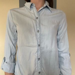 Extra small button-up faux denim long-sleeve shirt